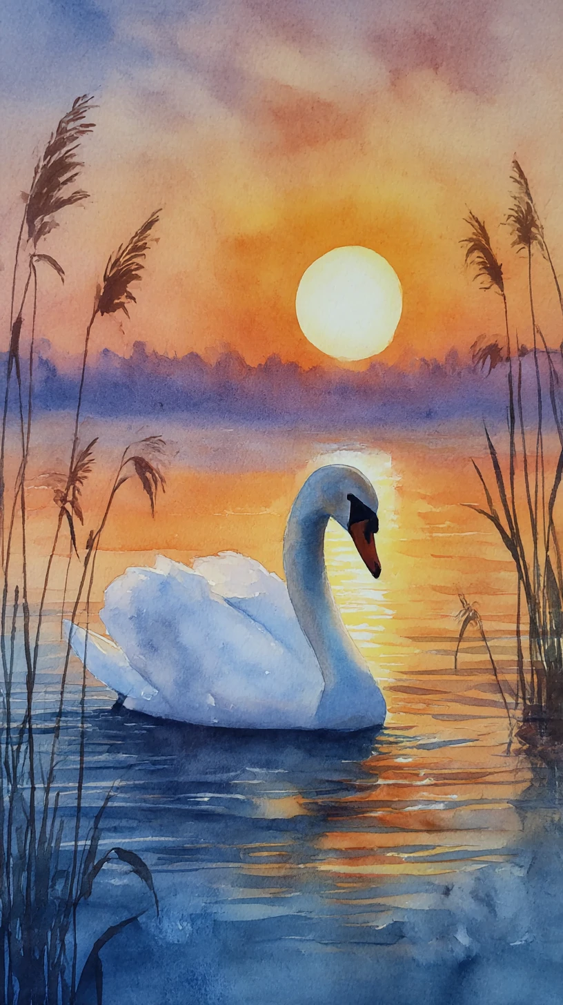 夕暮れの池に浮かぶ白い白鳥の水彩画