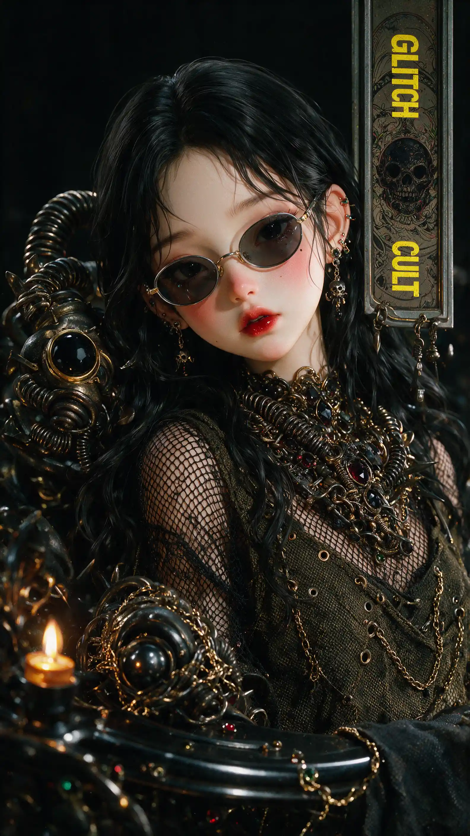 3D-Cartoon-Mädchen mit Brille im surrealen, düsteren Stil