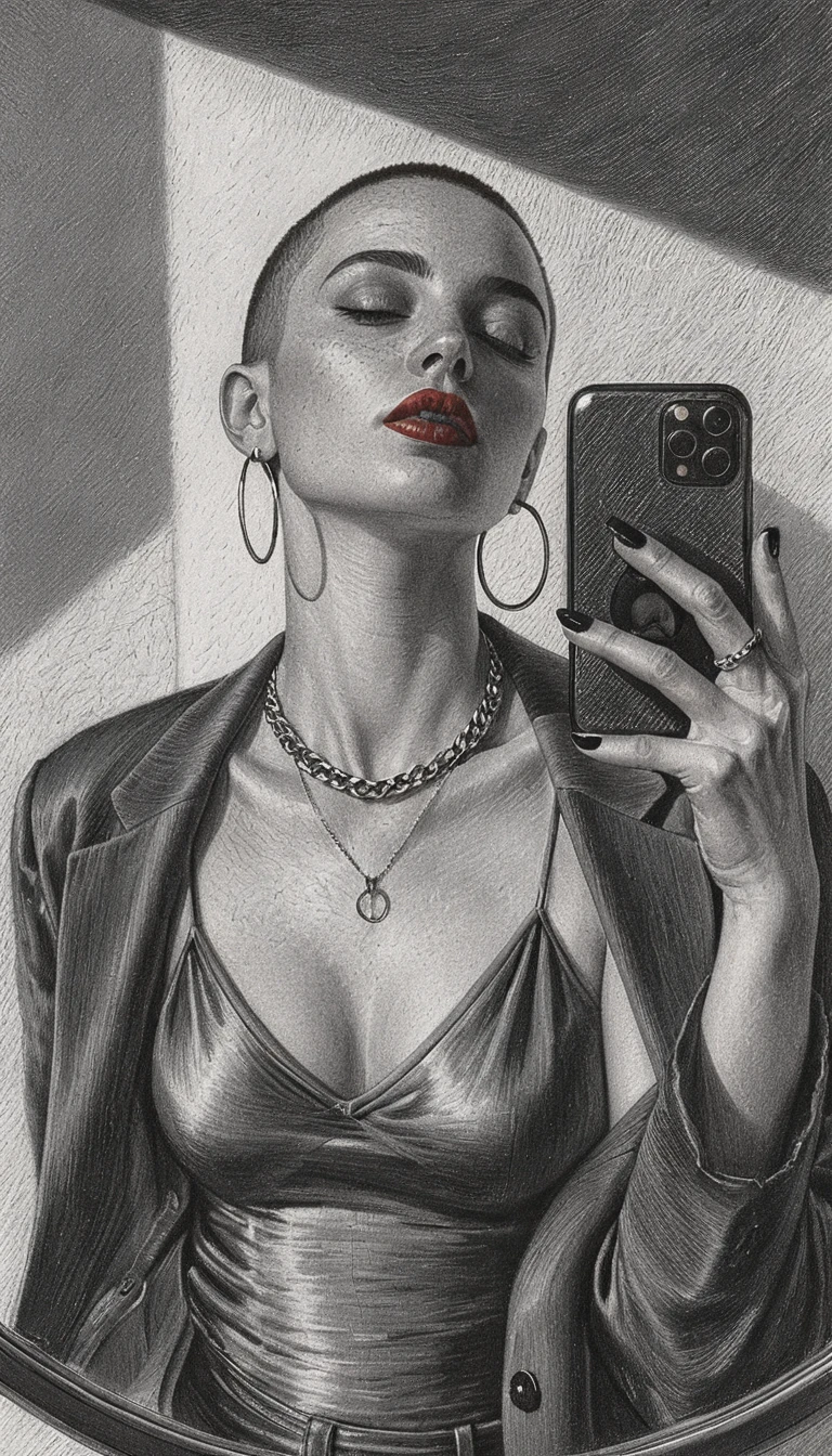 女子照鏡自拍的石墨素描肖像