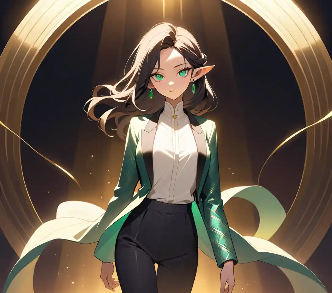 Elegant feline featured woman in tailored fashion