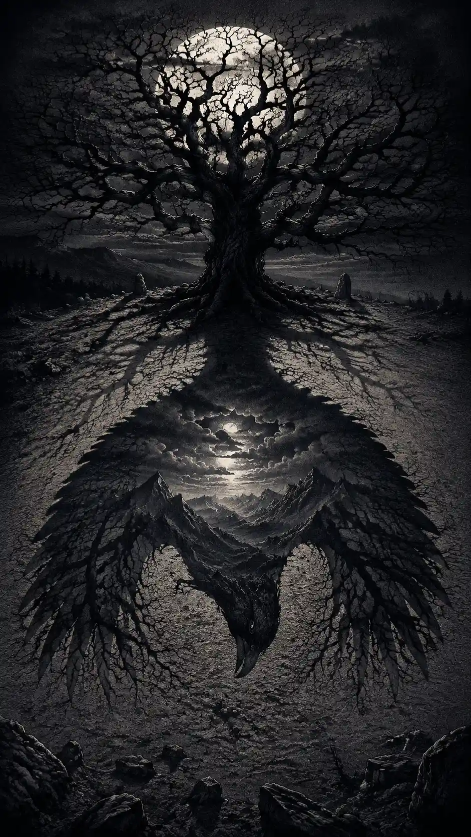 Gothic tree casting a vast raven shaped moonlit shadow