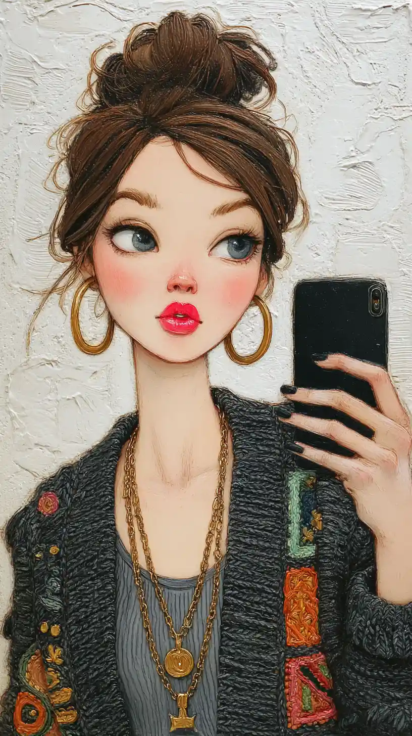 Pop art girl taking a selfie with oversized doll like eyes