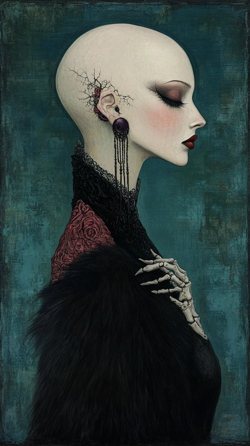 Retrato gótico surreal de uma mulher careca de porcelana costurada