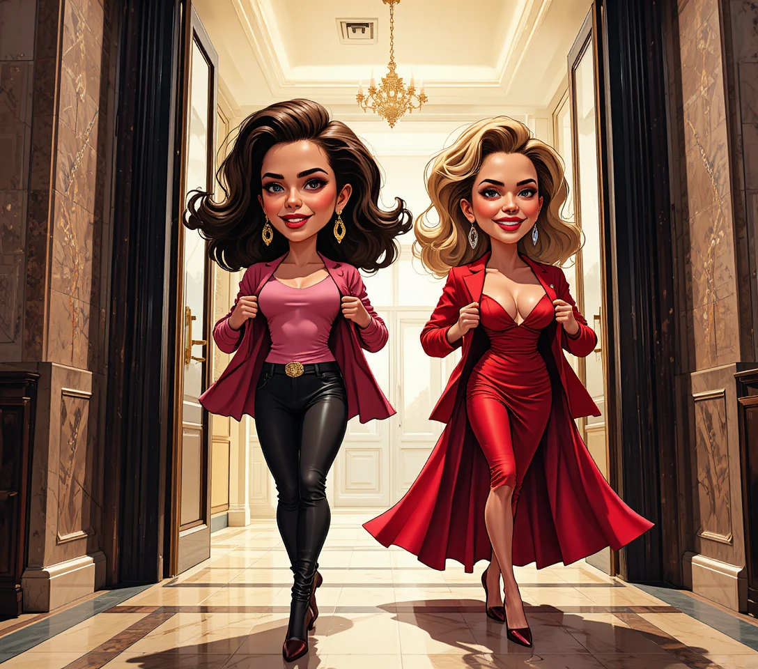 Stylized women removing coats in a chic luxury hallway