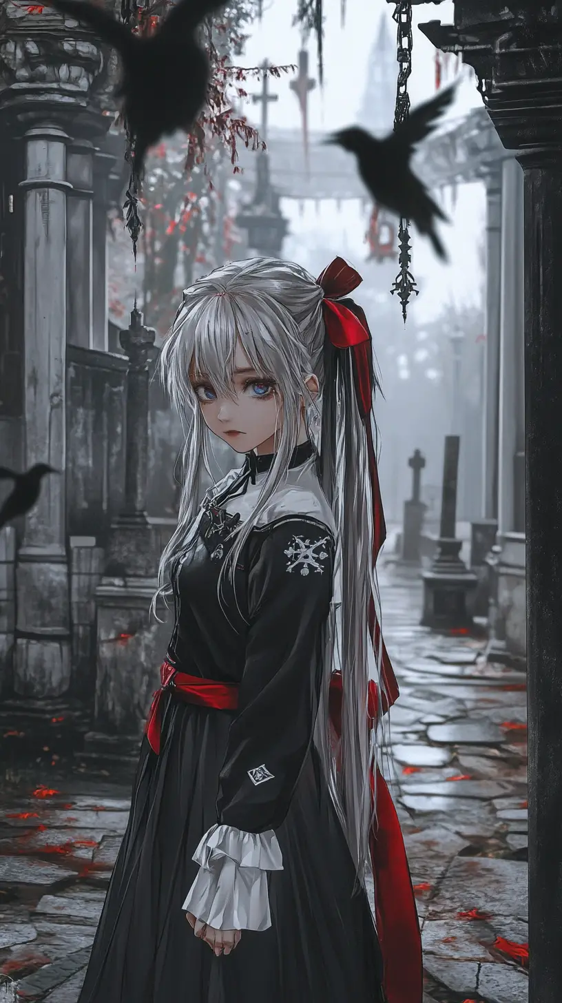 Altes Säulengebäude an nebligem Friedhof in dunkler Anime‑Szene
