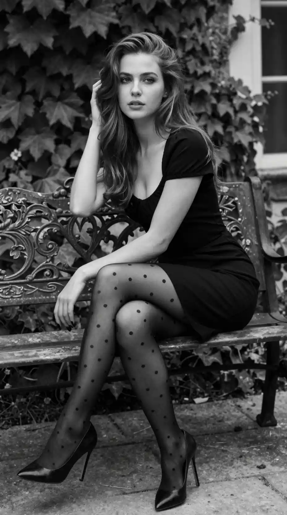 Elegante ritratto in bianco e nero di una giovane donna in giardino