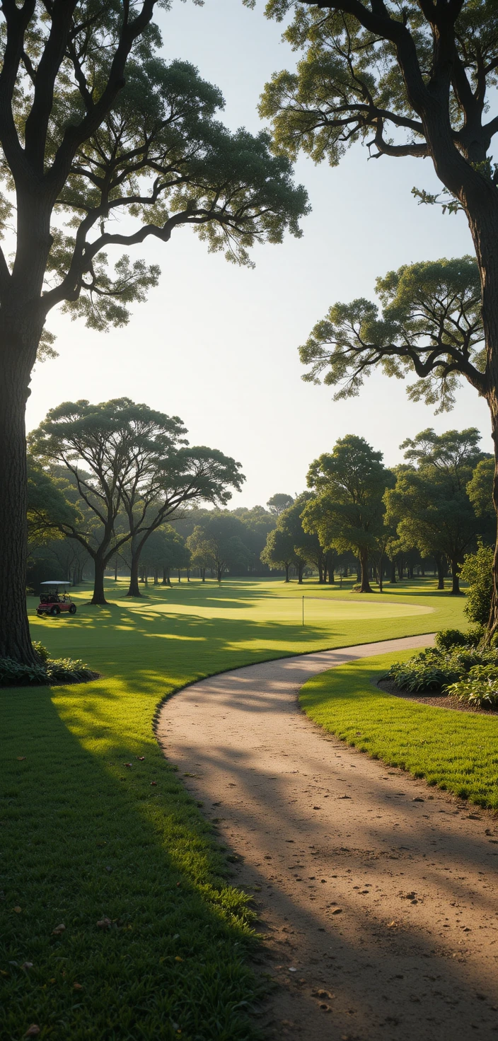 Wide golf course path under sunlit trees and sky