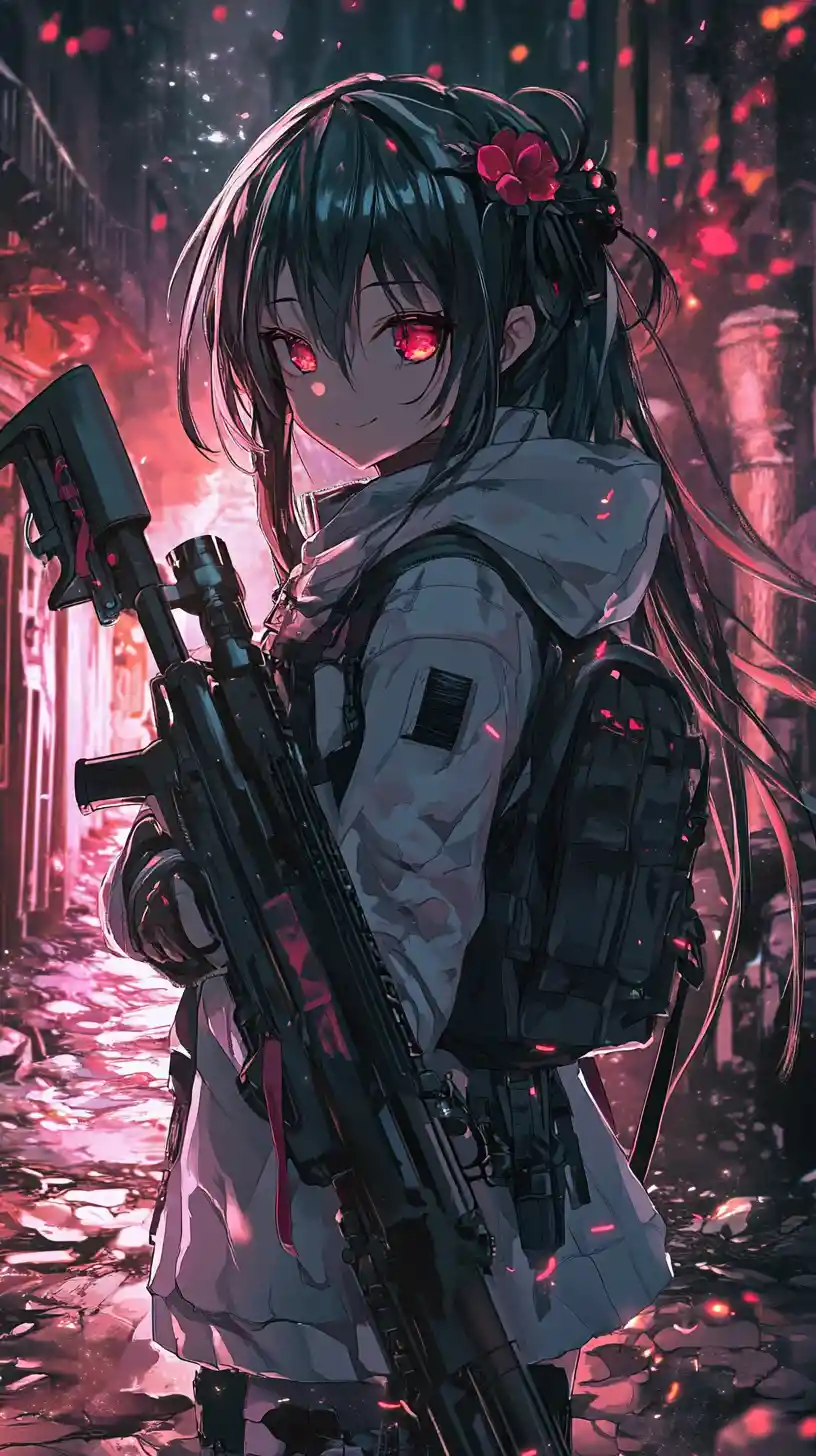 Ragazza anime che mira con un fucile in una zona di guerra in rovina