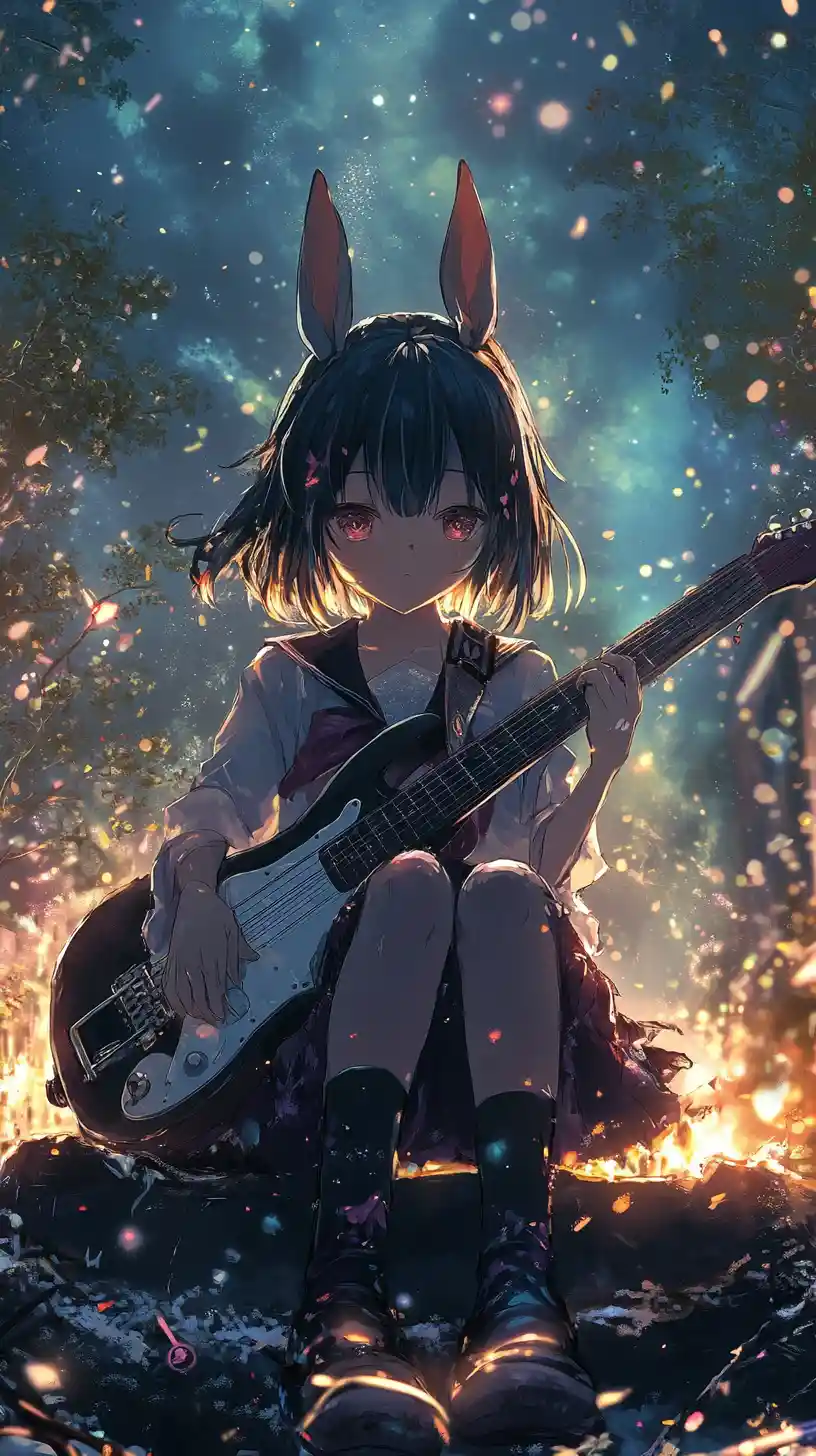 Chica de anime tocando la guitarra junto a una fogata en la playa