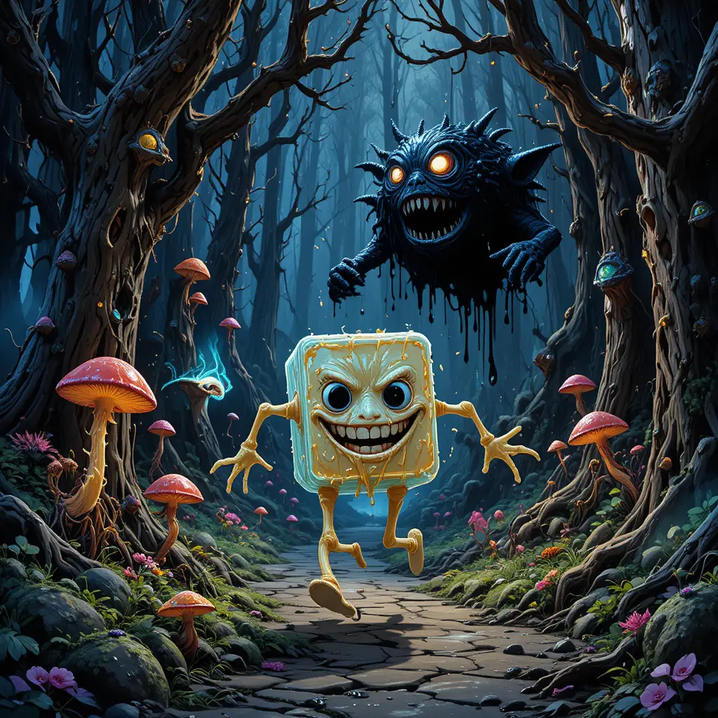 Panicked sugar cube fleeing through a twisted nightmare forest