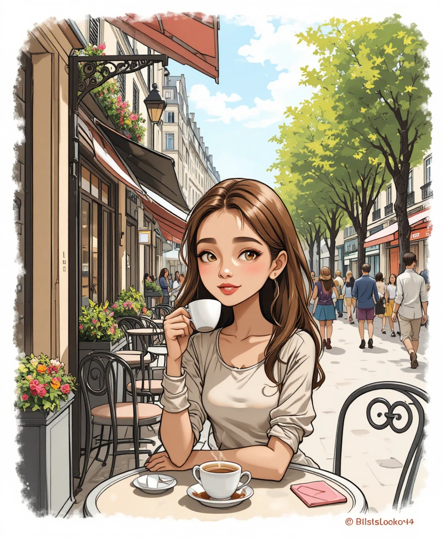パリの街角カフェでコーヒーを味わう若い女性