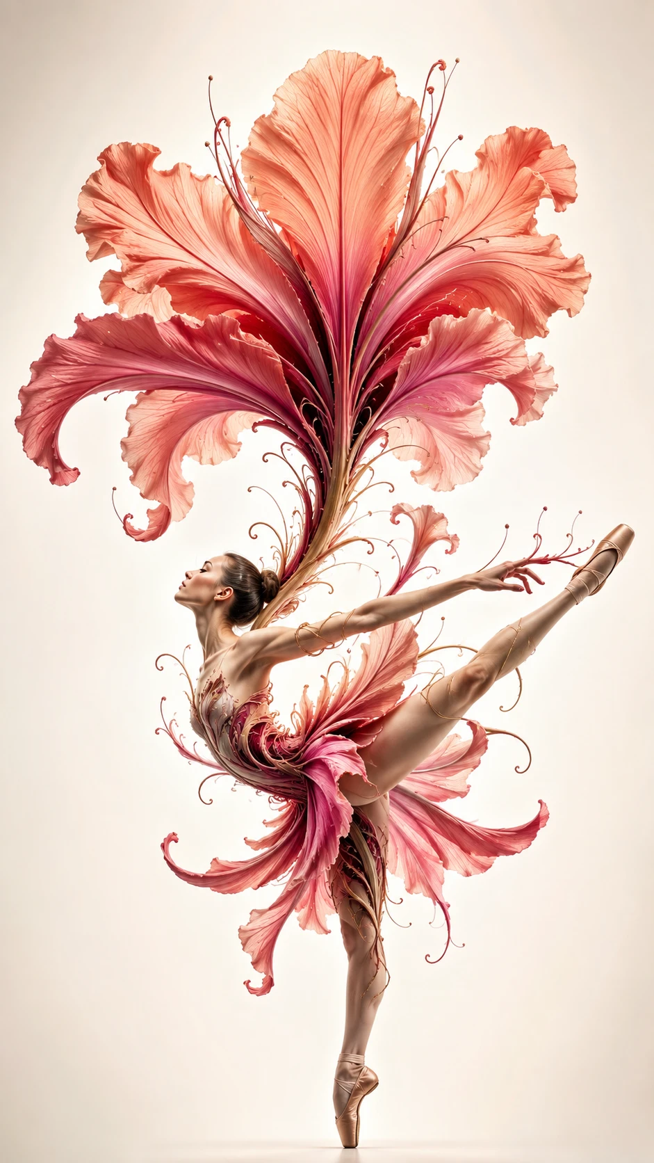 Bailarina surreal fundida com coluna botânica em flor
