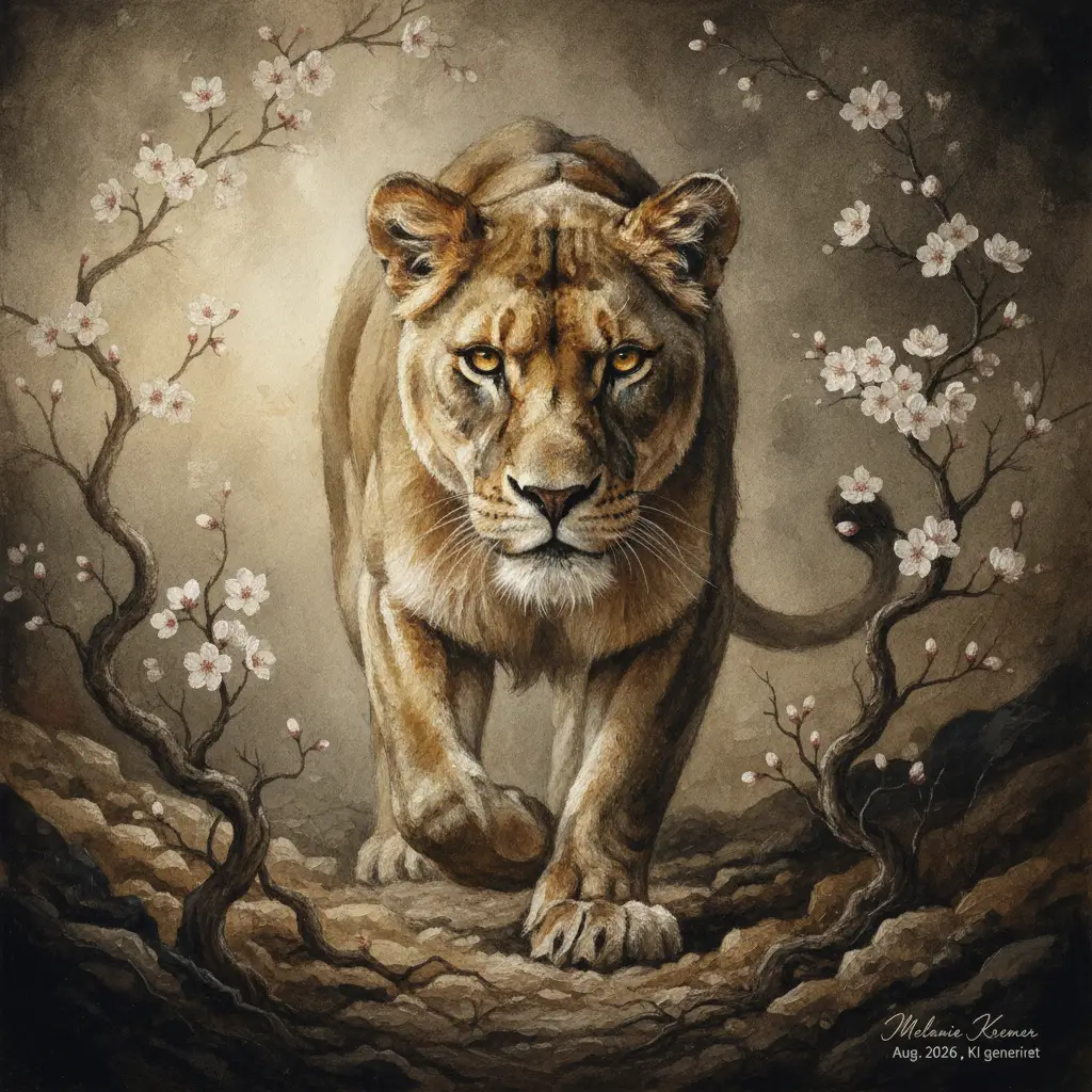 Lioness prowling through cherry blossoms in dramatic light