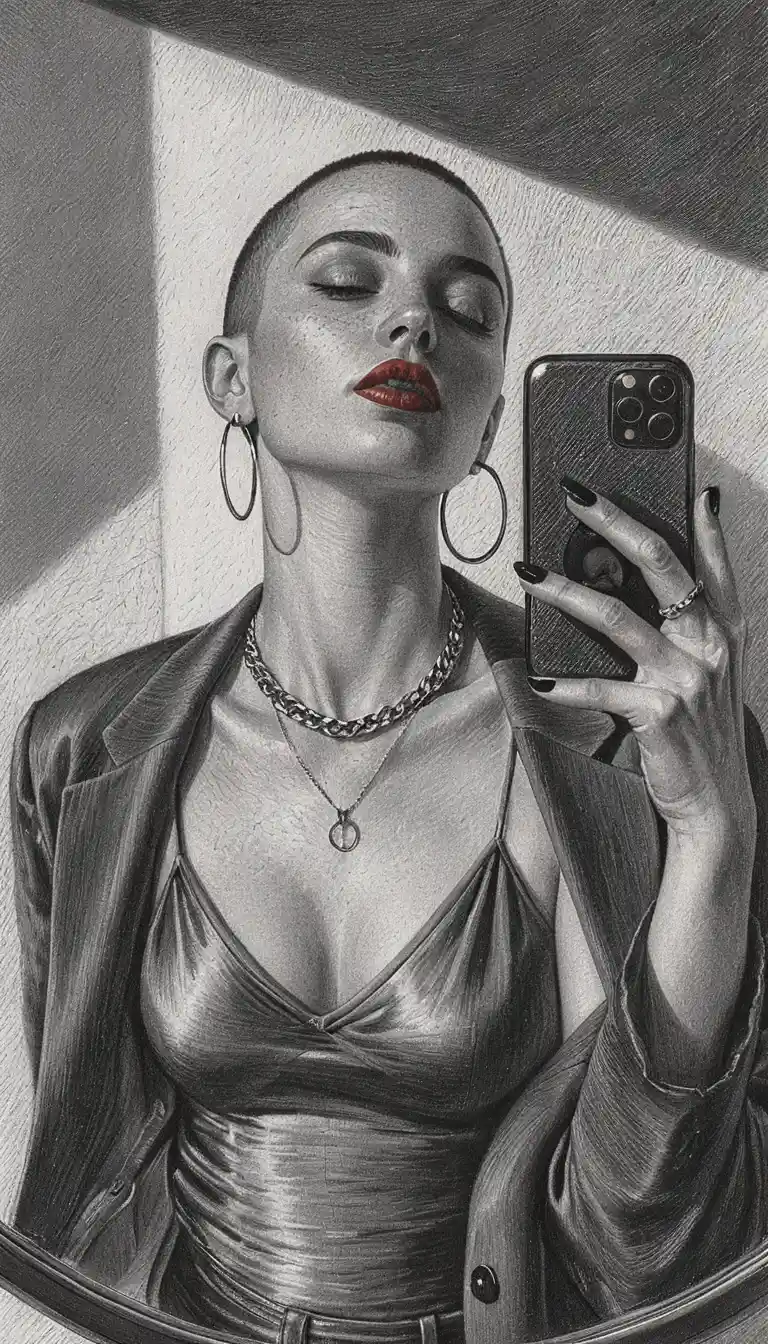 Ritratto in grafite di una donna che si scatta un selfie allo specchio