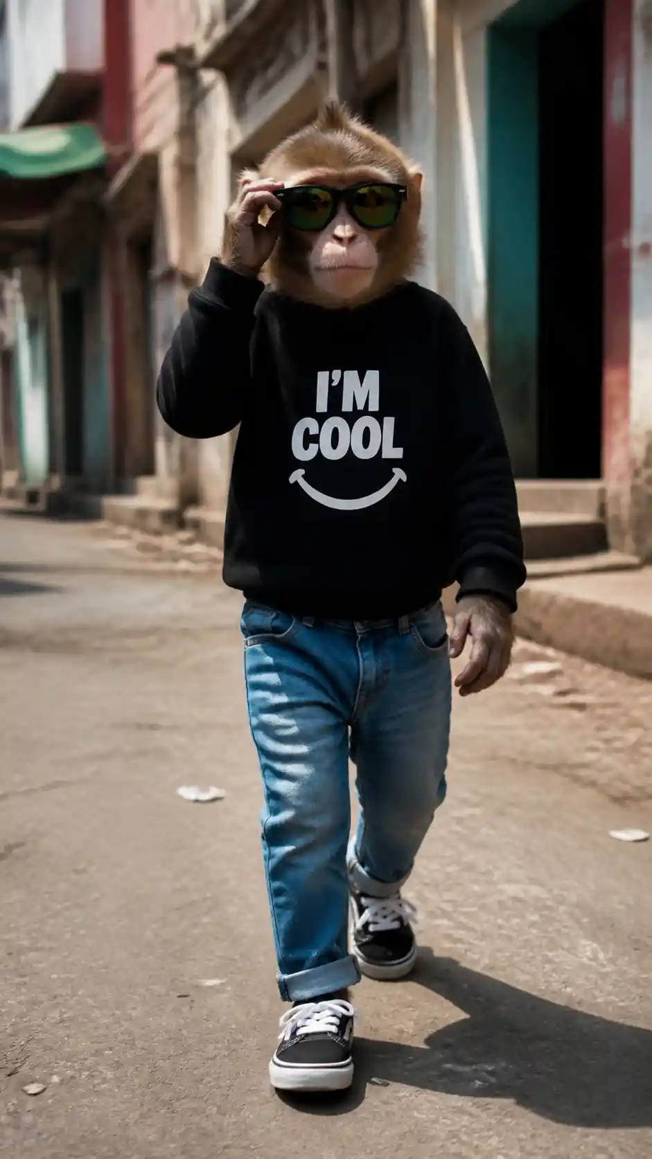 Cool monkey walking toward camera in cinematic sunlight