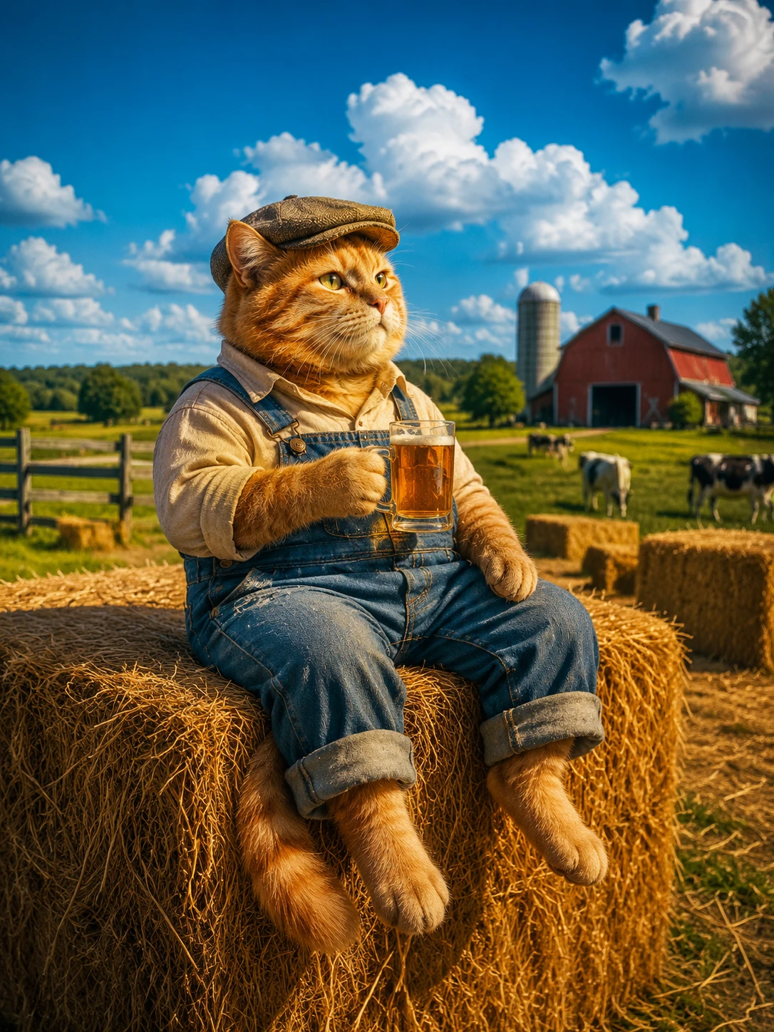 Adorable chat fermier sur une meule de foin savourant une bière au coucher du soleil