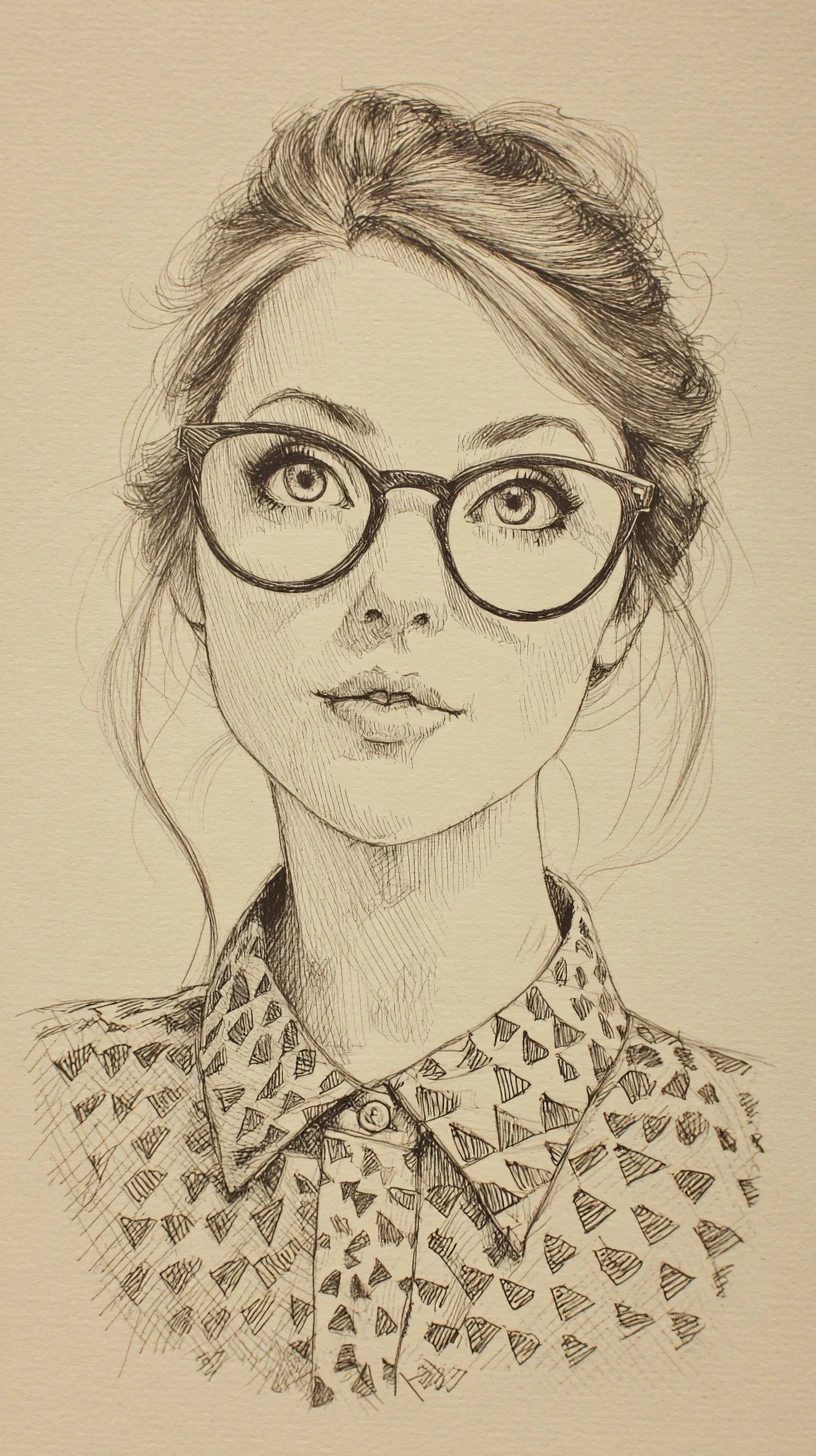 Stylized graphite portrait of a girl with oversized round glasses