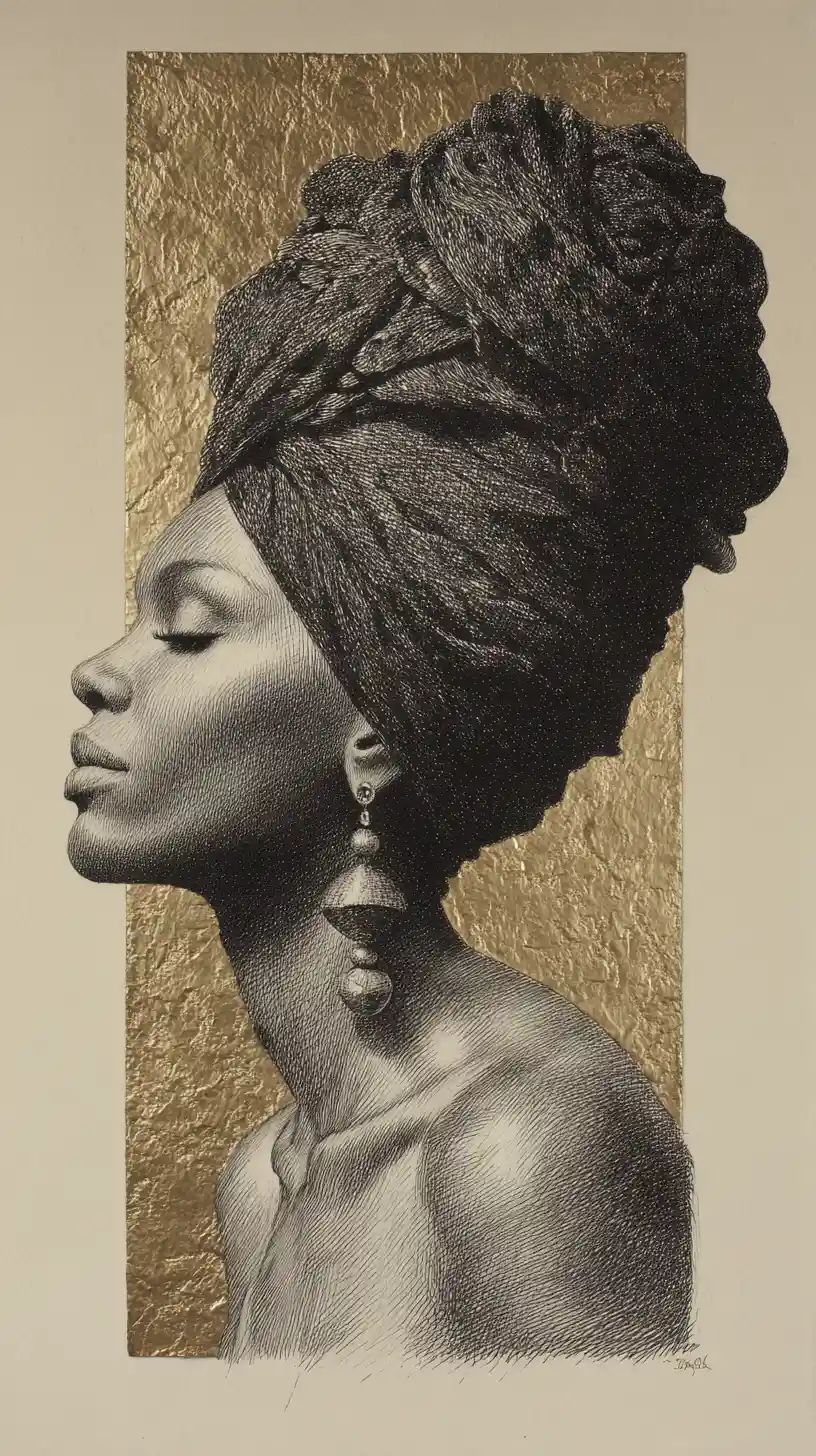 Charcoal profile portrait of a serene black woman with sculptural hair