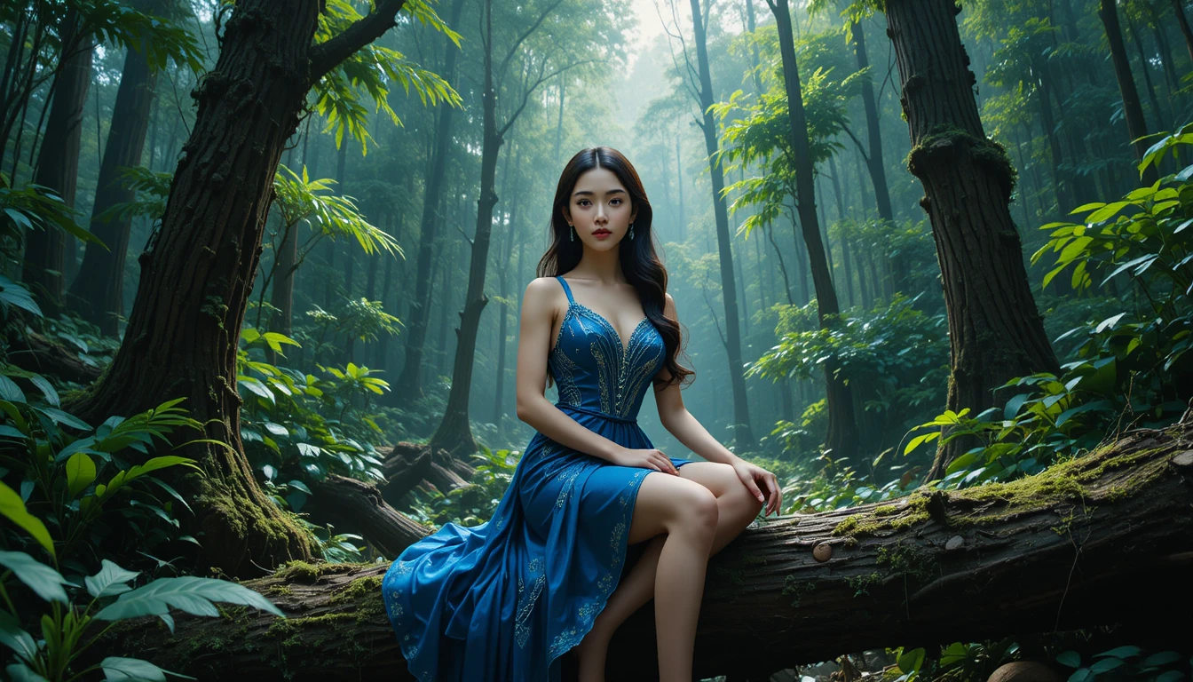 Jovem mulher de vestido azul sentada em um tronco coberto de musgo