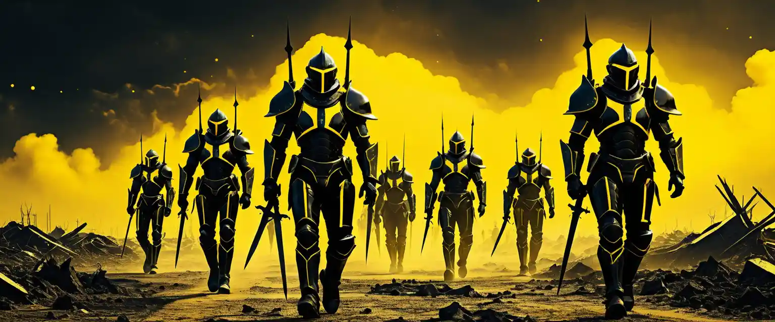 Futuristic robot knights marching through ruined wasteland city