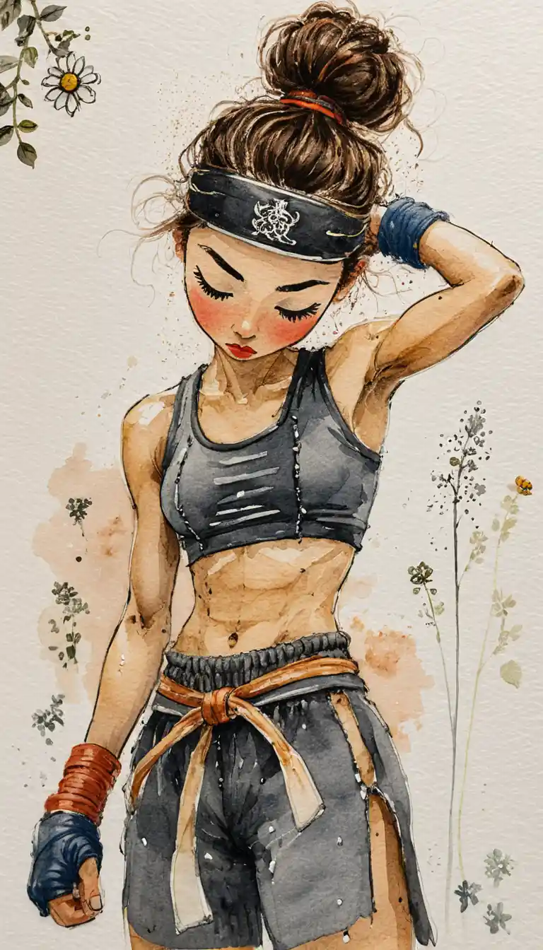 Athletic warrior woman with bandaged hands in ink watercolor