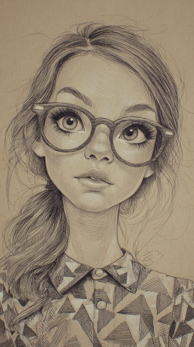 Stylized graphite portrait of a freckled girl with round glasses