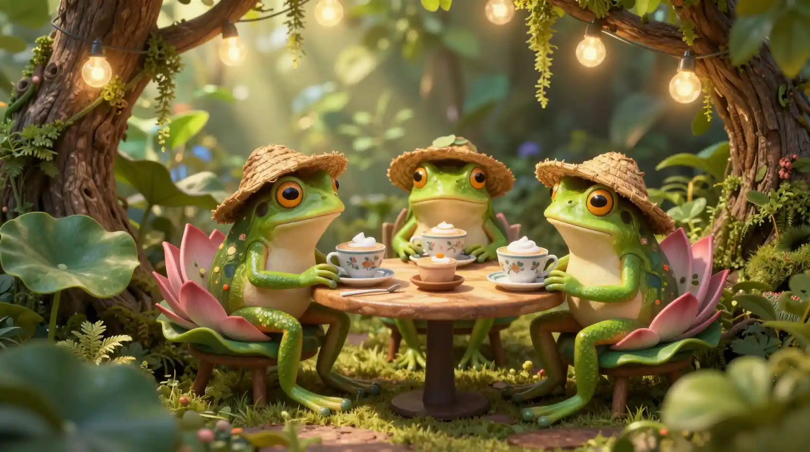 Café Fantaisiste de Rainettes dans un Jardin Fantasy Luxuriant