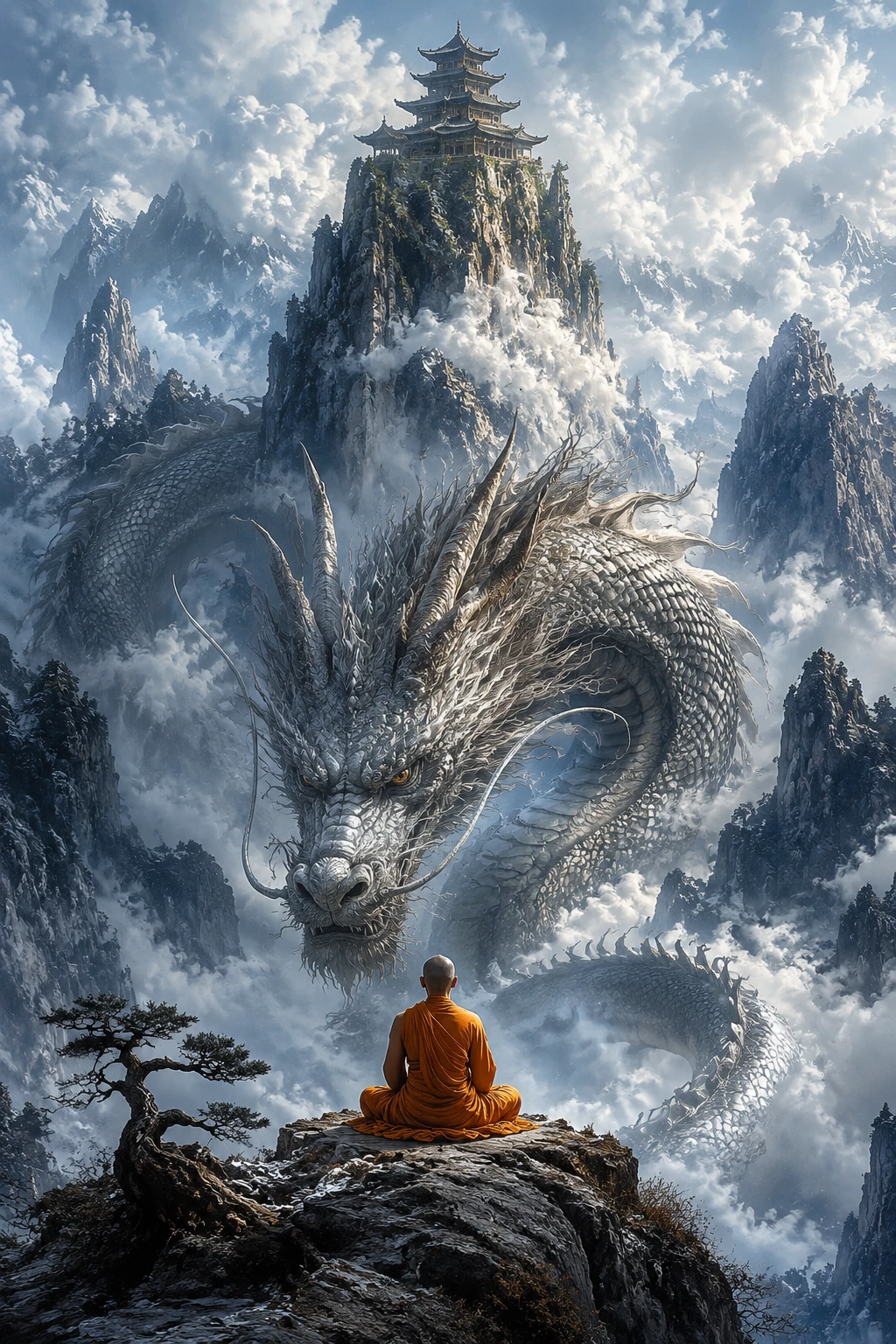 Monge Meditando Diante de Dragão em Paisagem Montanhosa Enevoada