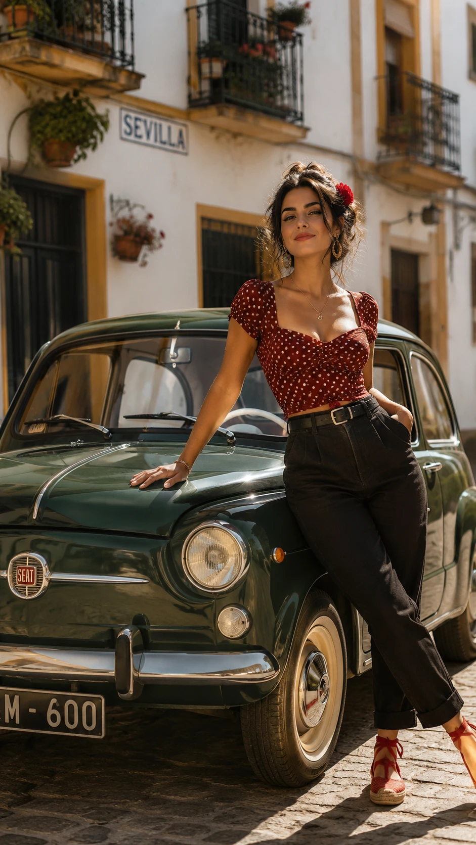 Mulher espanhola confiante encostada em carro clássico verde-escuro