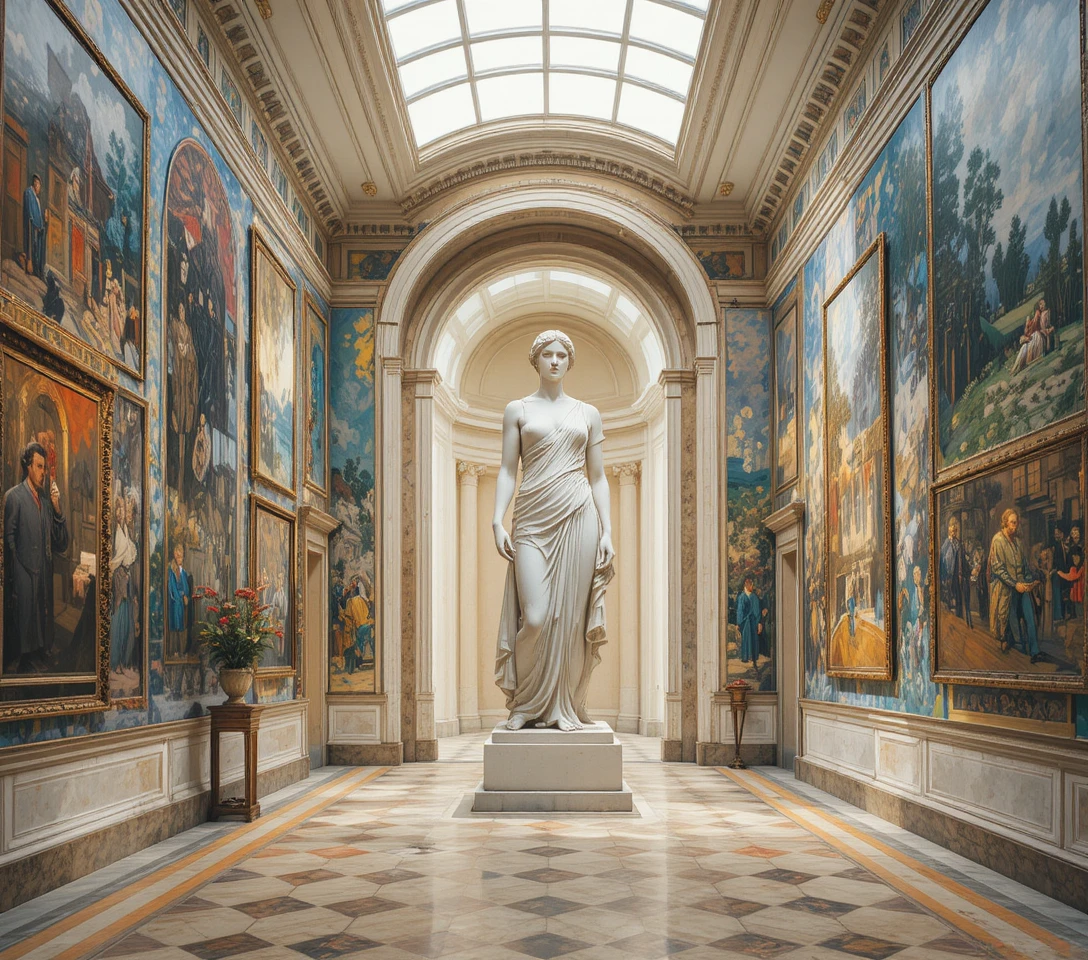 Marble goddess statue in a softly lit private art gallery