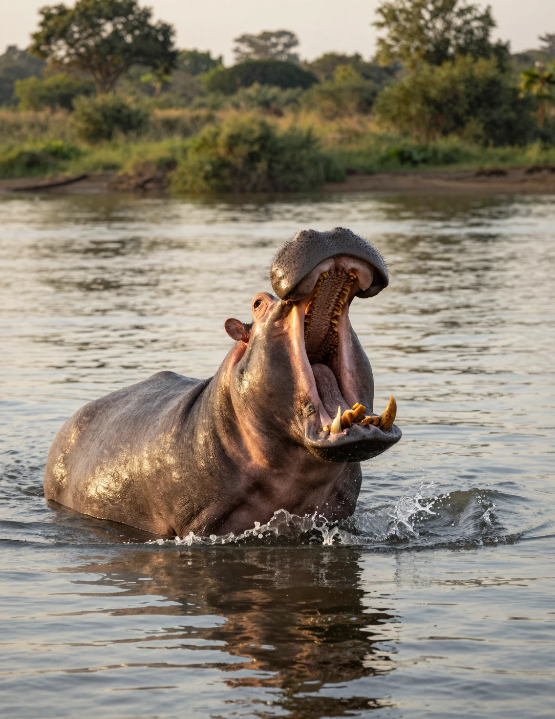 Ippopotamo che sbadiglia in un tranquillo fiume africano all'alba