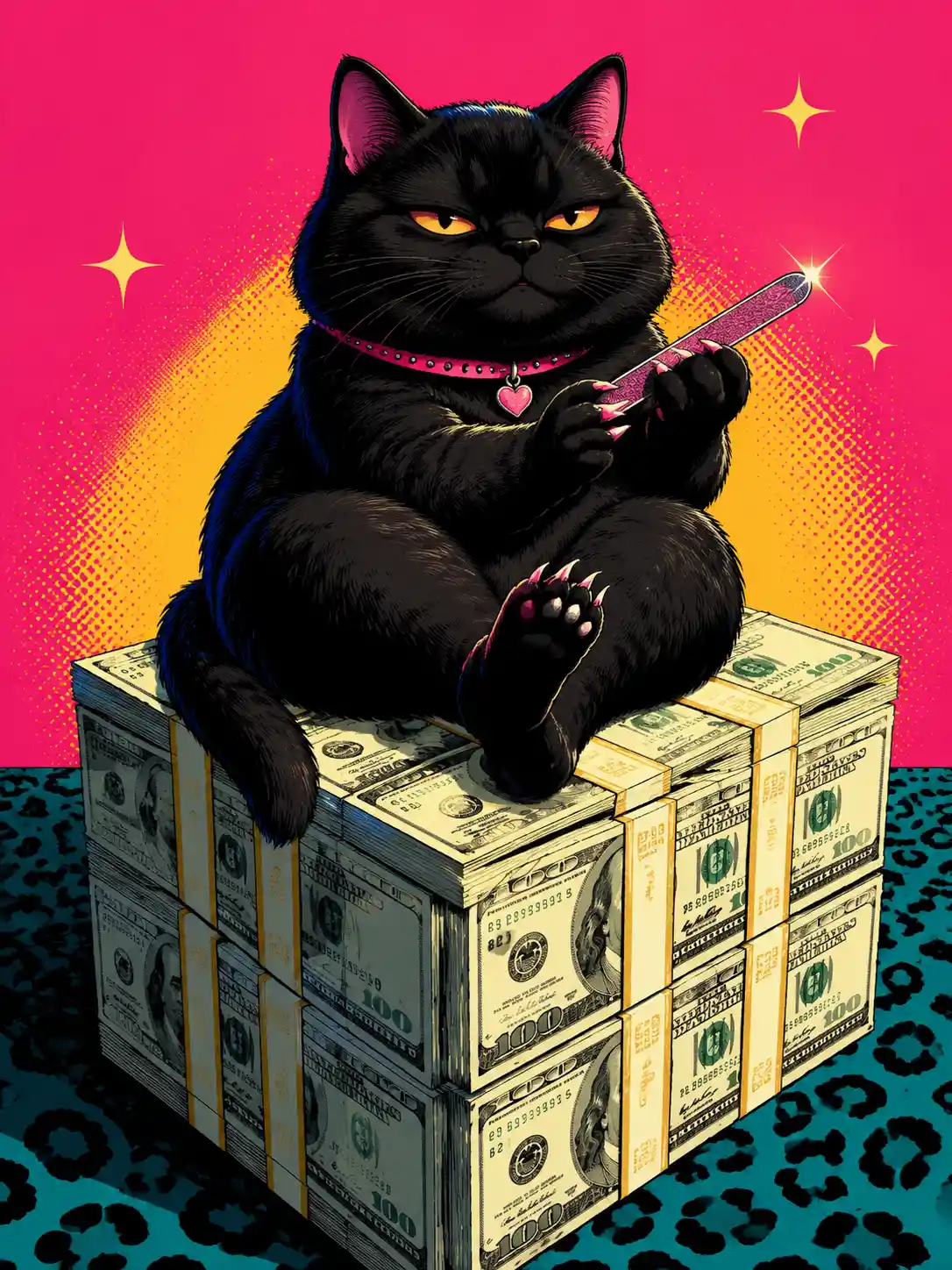 Gatinho preto atrevido em cubo de notas de dólar empilhadas em pop art