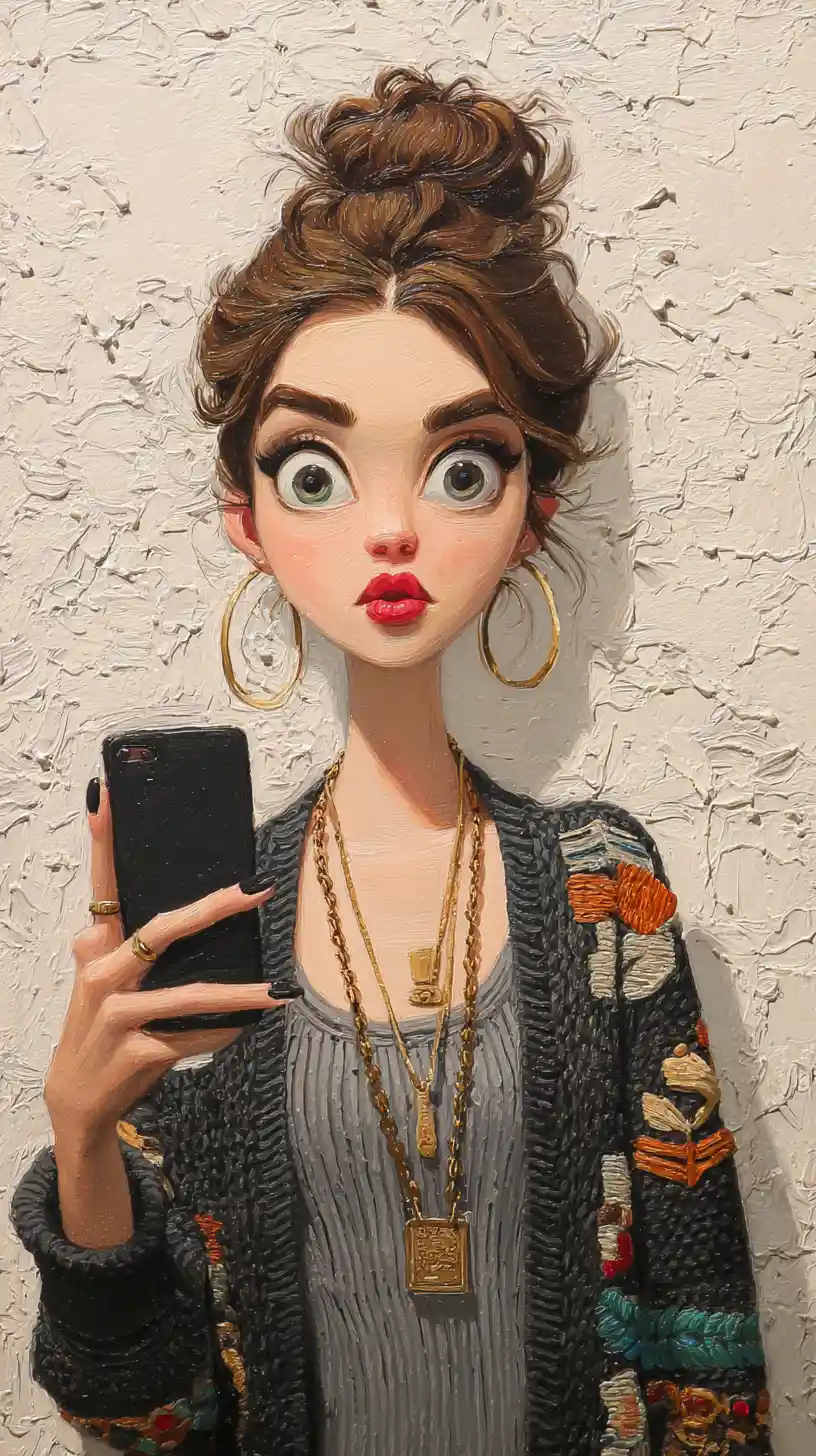 Mujer pop surrealista haciéndose un selfie con su smartphone