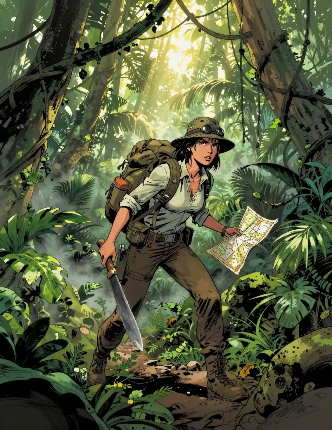 Fearless woman explorer cutting through misty jungle vines