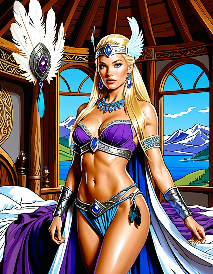 Blonde nordische Kriegerzauberin im Boudoir eines Wikinger-Langhauses