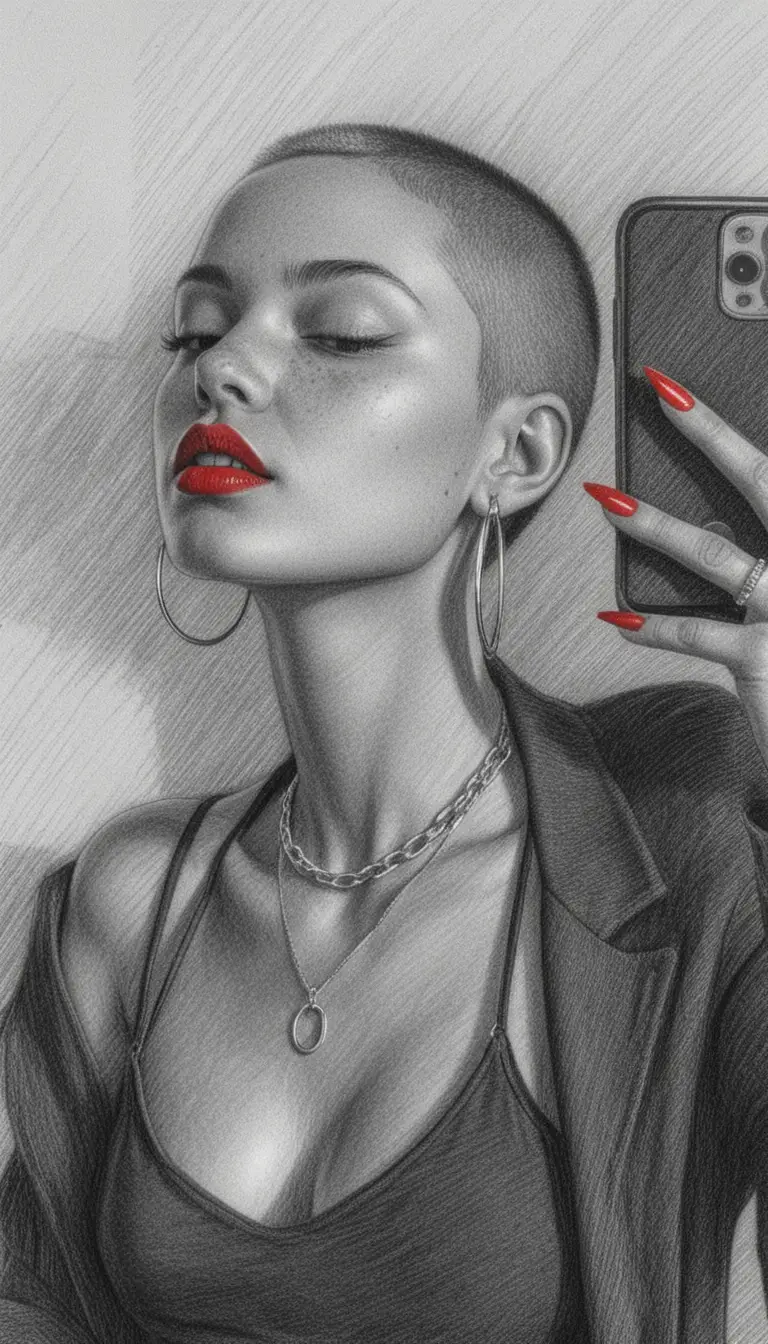 Graphite portrait of a woman taking a confident mirror selfie