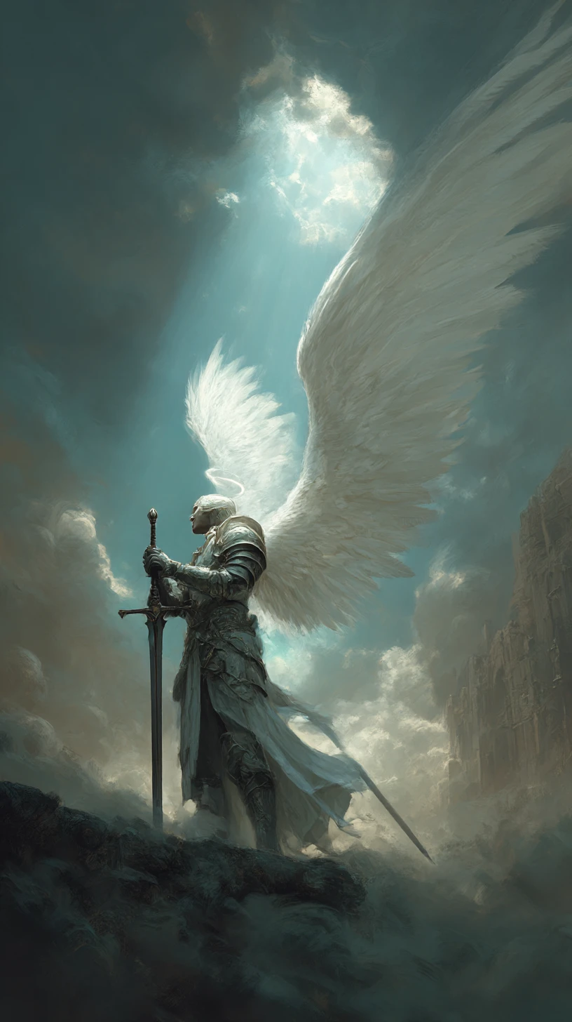 Anjo com asas olhando para o céu aberto