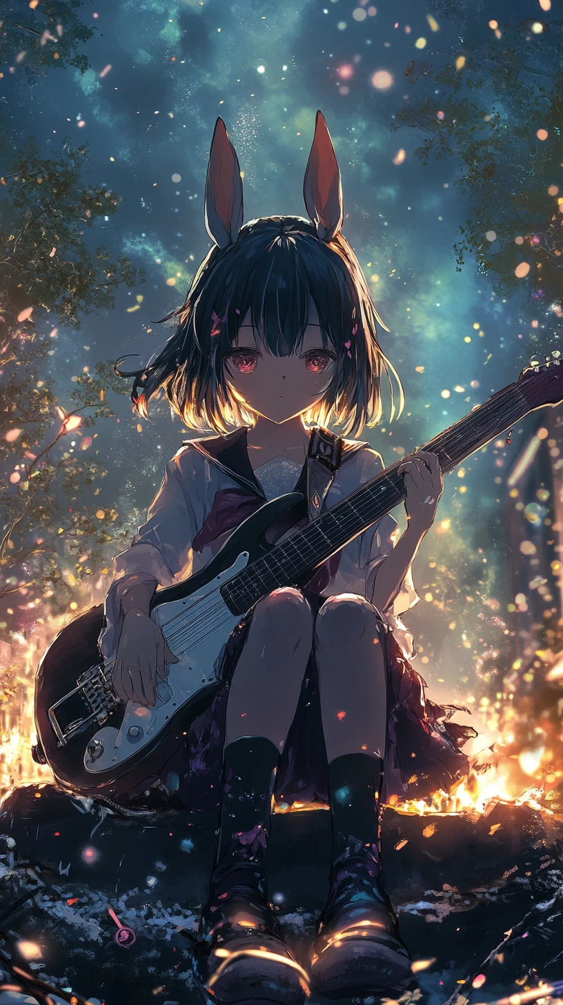 ビーチの焚き火のそばでギターを弾くアニメ少女