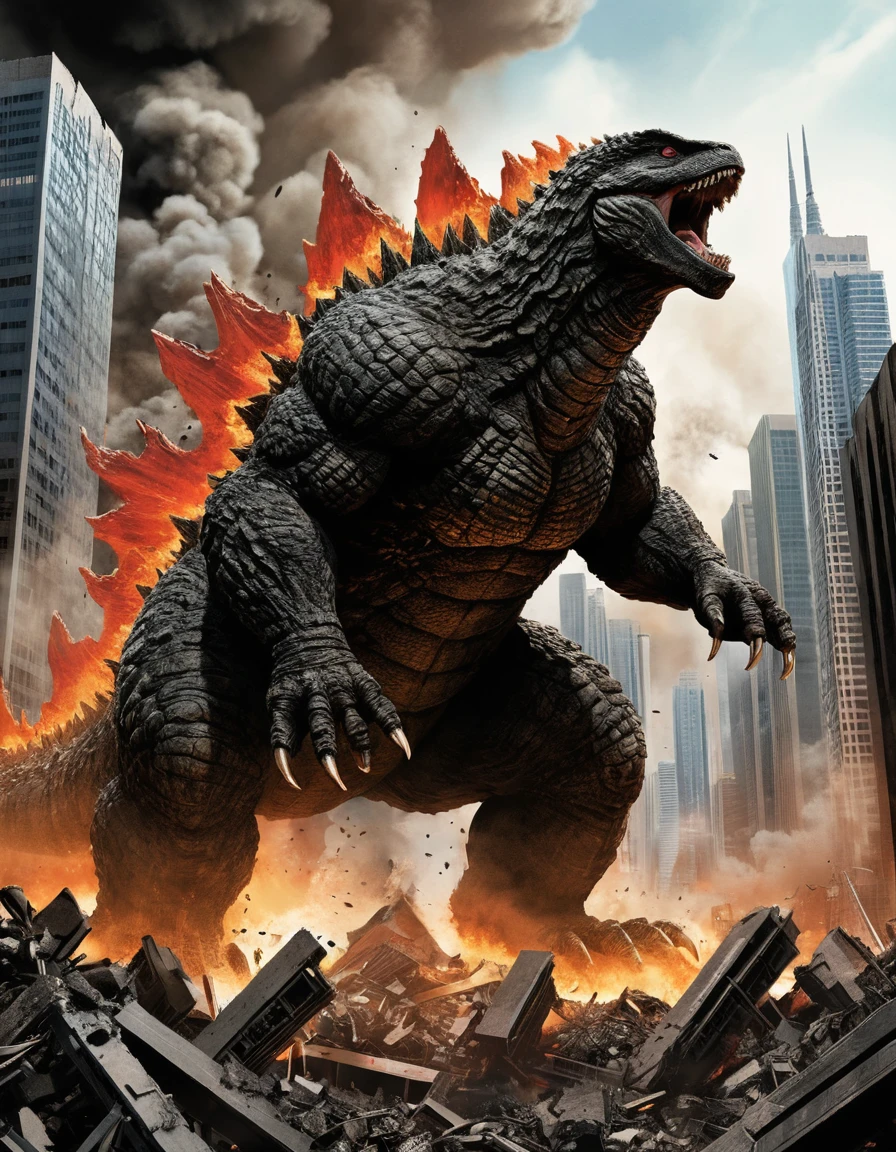 Monstro gigante em fúria em uma cidade moderna em colapso