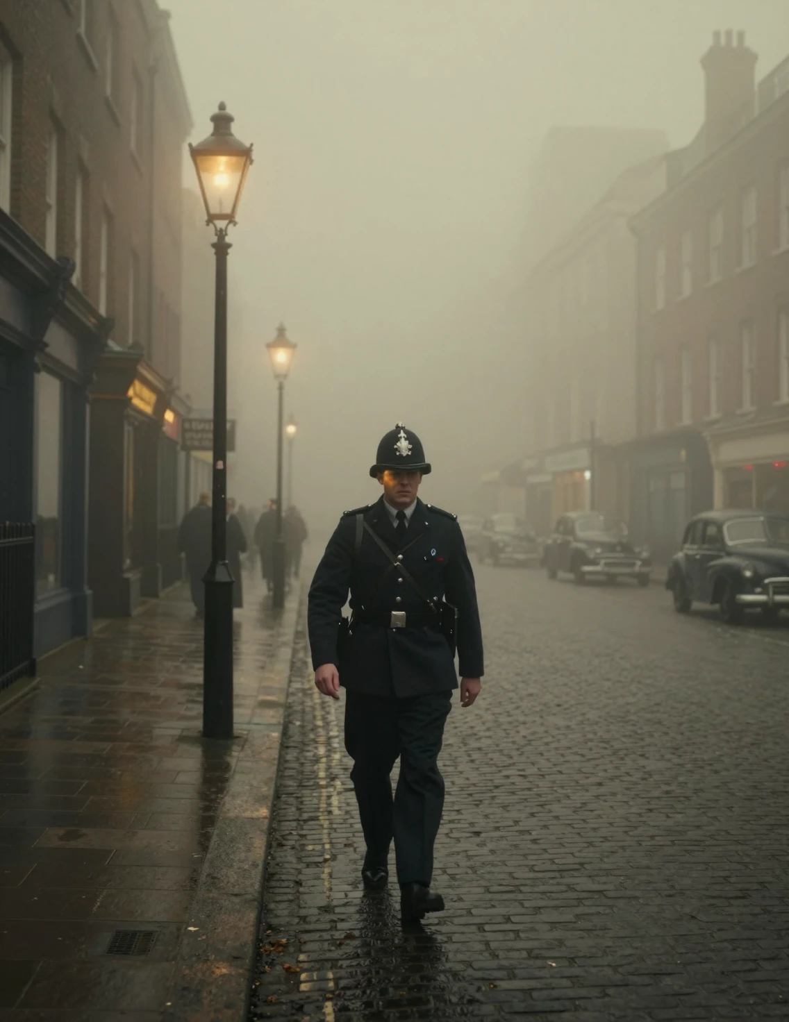 Policier londonien marchant dans une rue urbaine dense et brumeuse