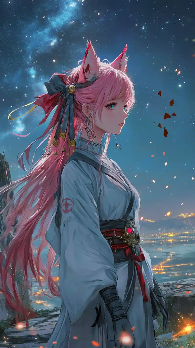 Anime-Mädchen mit rosafarbenen Haaren in detailliertem Fantasy-Outfit