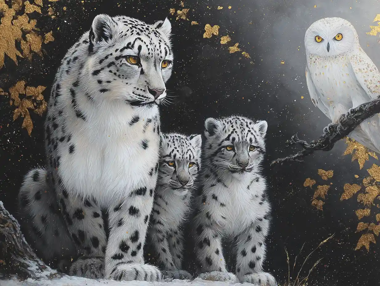 Madre de leopardo de las nieves y cachorros bajo un cielo boscoso iluminado por la luna