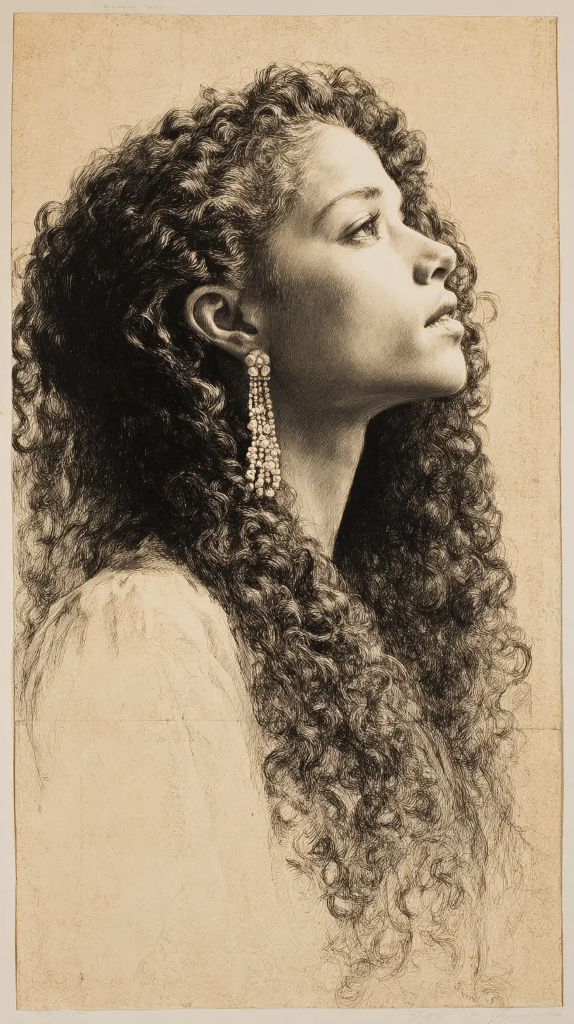Charcoal profile portrait of a contemplative woman with curls