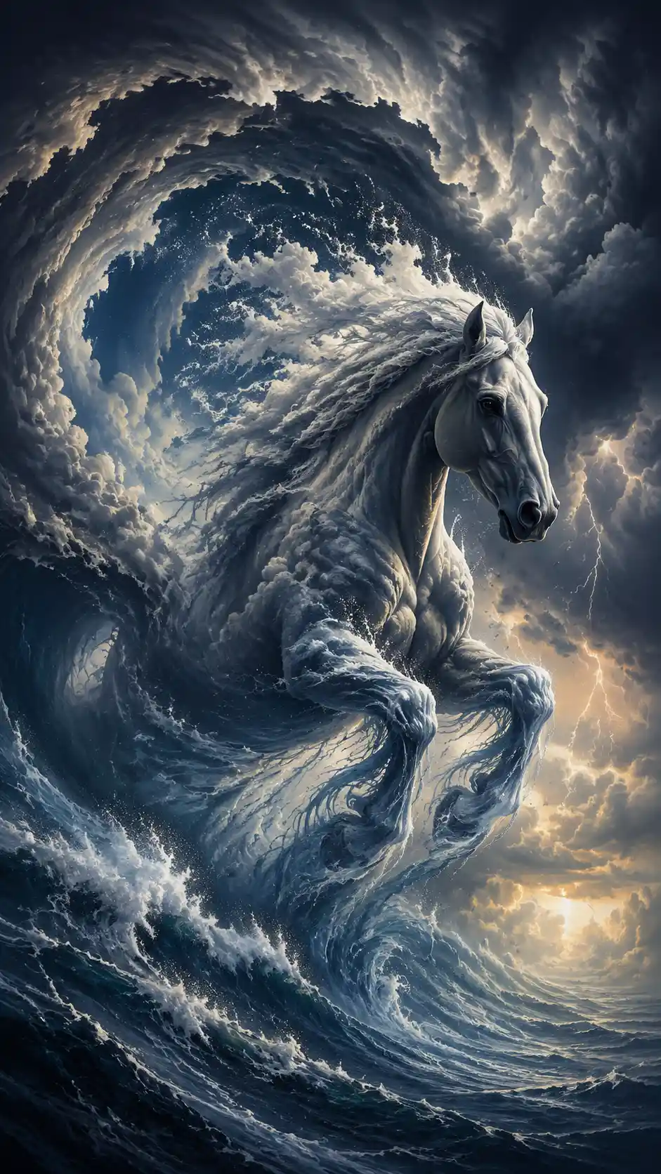 Surreal horse galloping through a storm cloud ocean wave