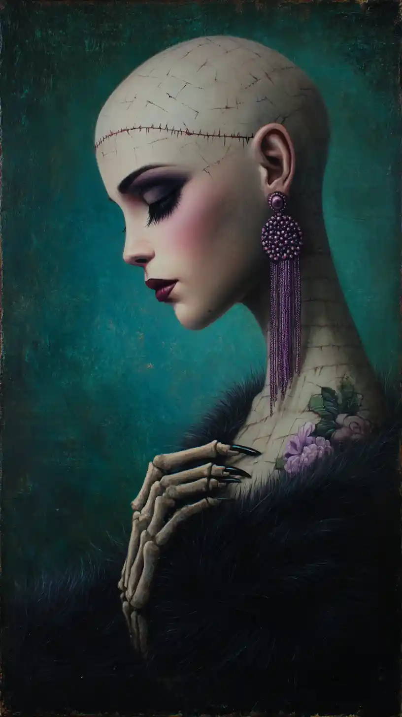 Mulher gótica surreal com pescoço alongado e pele de porcelana