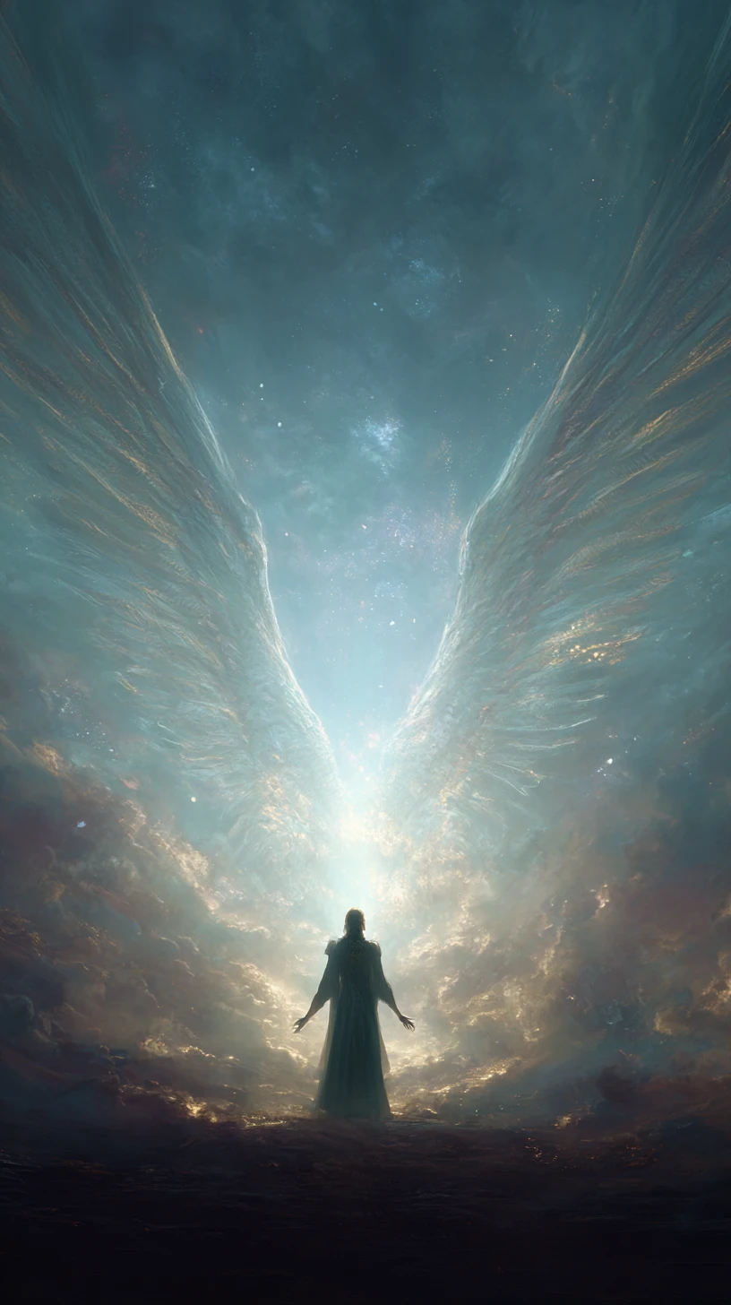 Man with angel wings looking up in quiet hope