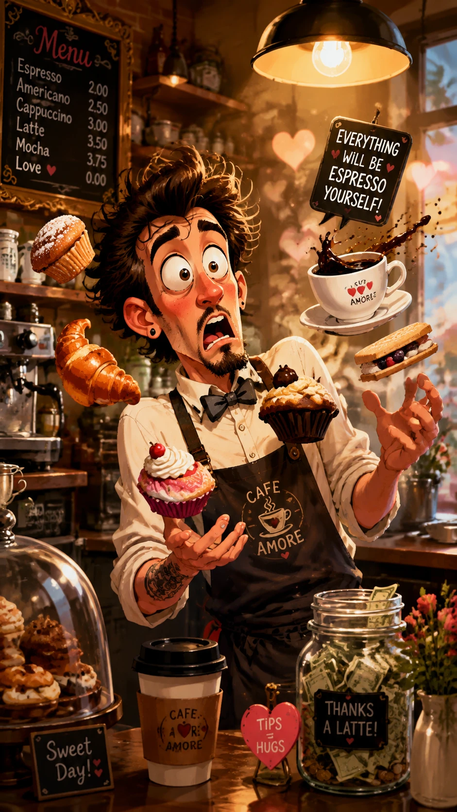 Verspielter Barista jongliert Gebäck im gemütlichen Café – Illustration