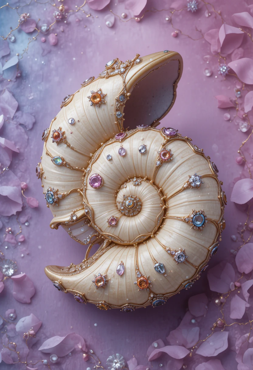 Decorative cream seashell adorned with diamonds and gemstones