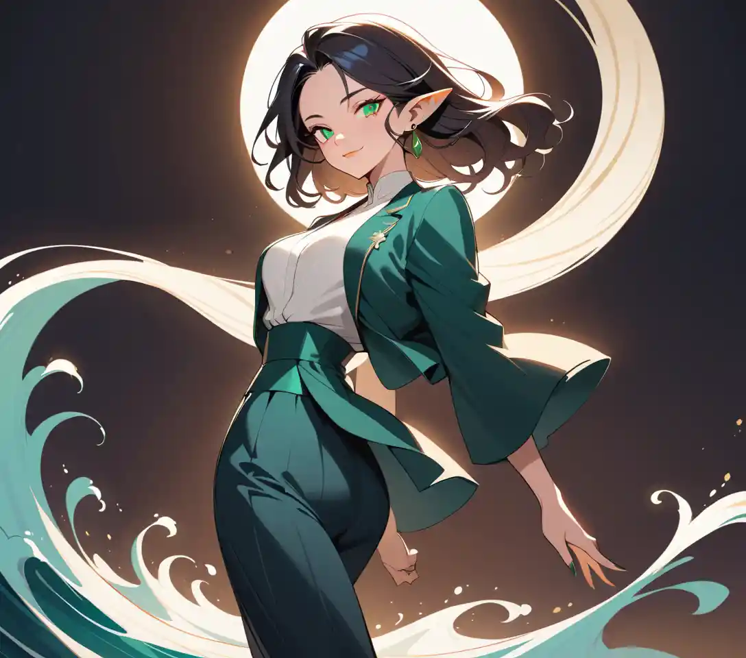 Elegant feline featured woman in tailored dark fashion