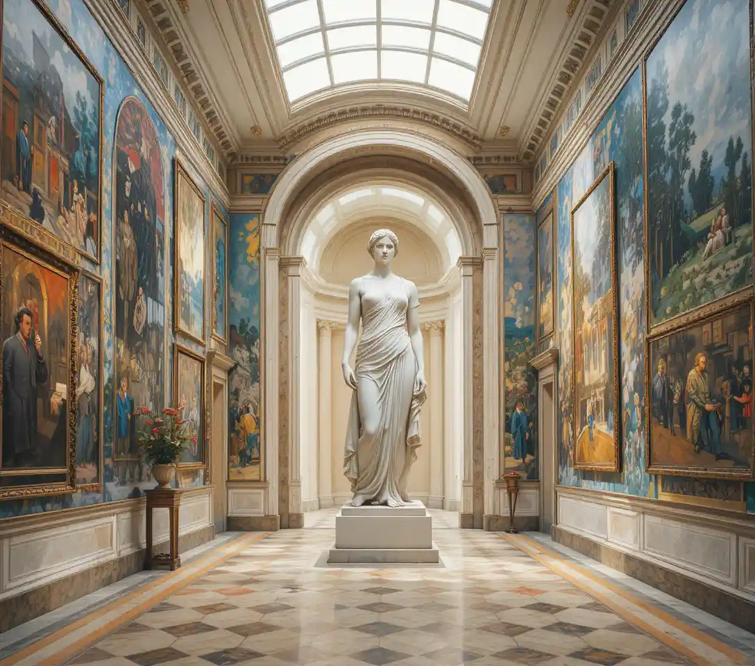 Marmorne Göttinnenstatue in einer sanft beleuchteten privaten Kunstgalerie